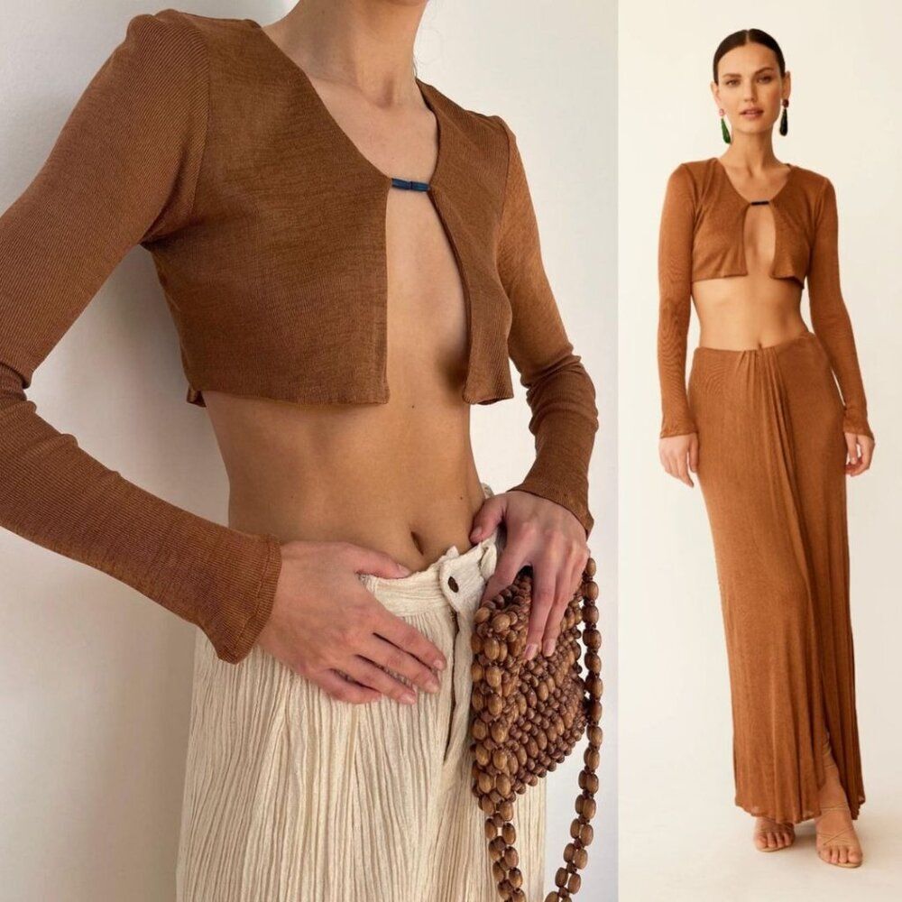 NWOT Savannah Morrow Birdie Top in Cocoa Brown Cropped Long Sleeve Size Small